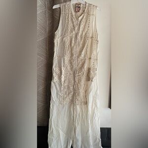 Johnny Was Dress Women’s High Slit Beige Embroidered Sleeveless Lining Sz Small